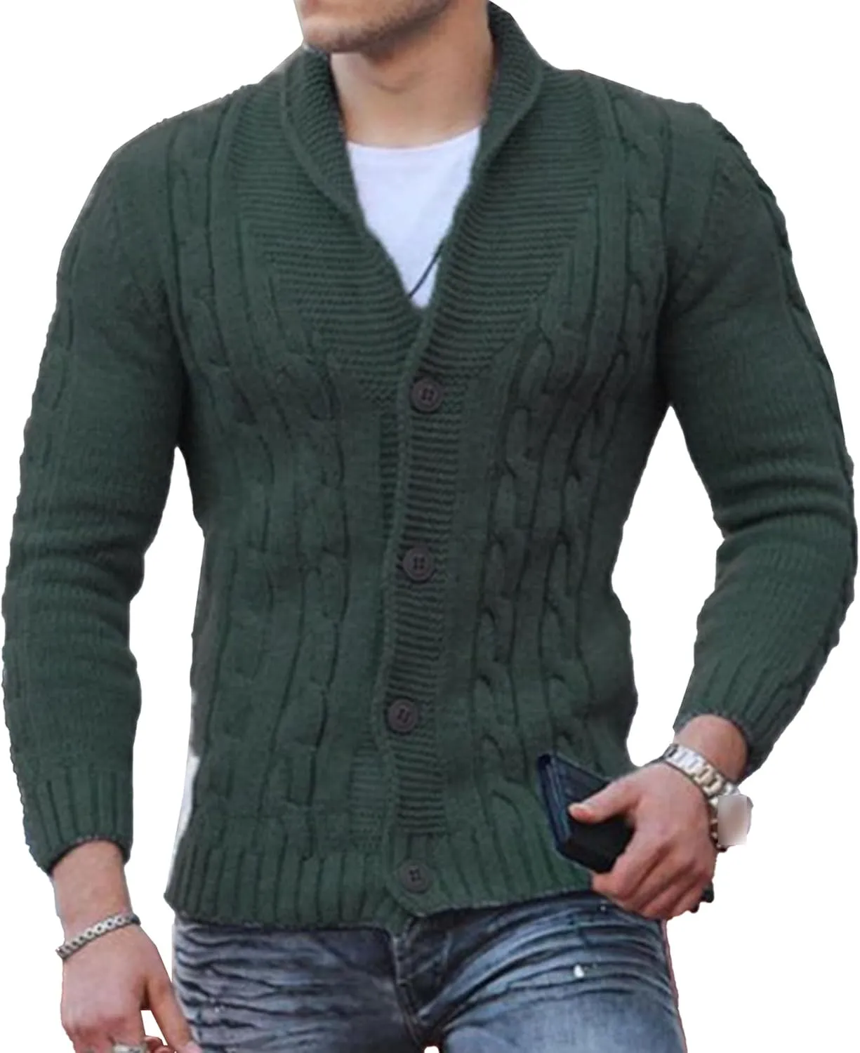 Men V Neck Button-Down Cardigan Casual Shawl Collar Button up Sweaters Cable Knit Ribbed Cardigans Sweater