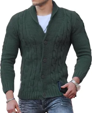 Men V Neck Button-Down Cardigan Casual Shawl Collar Button up Sweaters Cable Knit Ribbed Cardigans Sweater