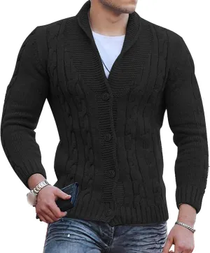Men V Neck Button-Down Cardigan Casual Shawl Collar Button up Sweaters Cable Knit Ribbed Cardigans Sweater