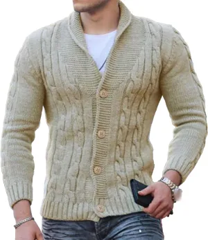 Men V Neck Button-Down Cardigan Casual Shawl Collar Button up Sweaters Cable Knit Ribbed Cardigans Sweater