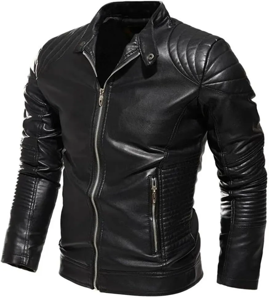 Men Winter Vintage Leather Jacket Casual Biker Windbreaker Fleece Motorcycle Pu Leather Coats