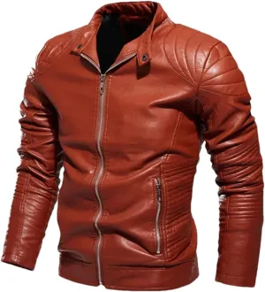 Men Winter Vintage Leather Jacket Casual Biker Windbreaker Fleece Motorcycle Pu Leather Coats