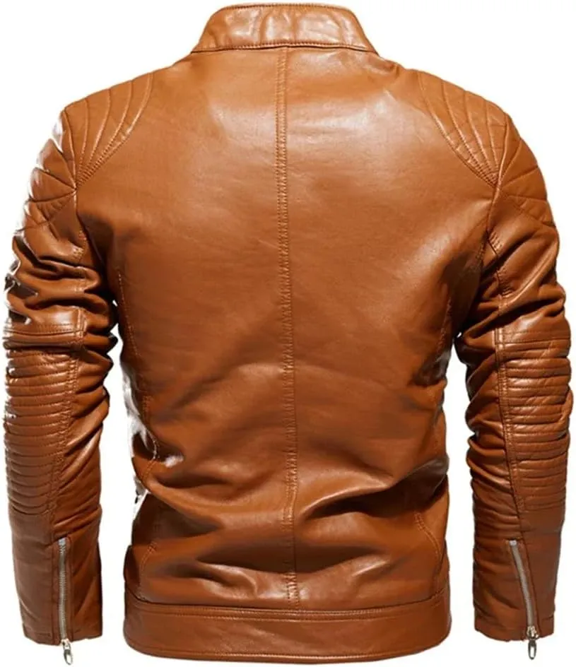 Men Winter Vintage Leather Jacket Casual Biker Windbreaker Fleece Motorcycle Pu Leather Coats