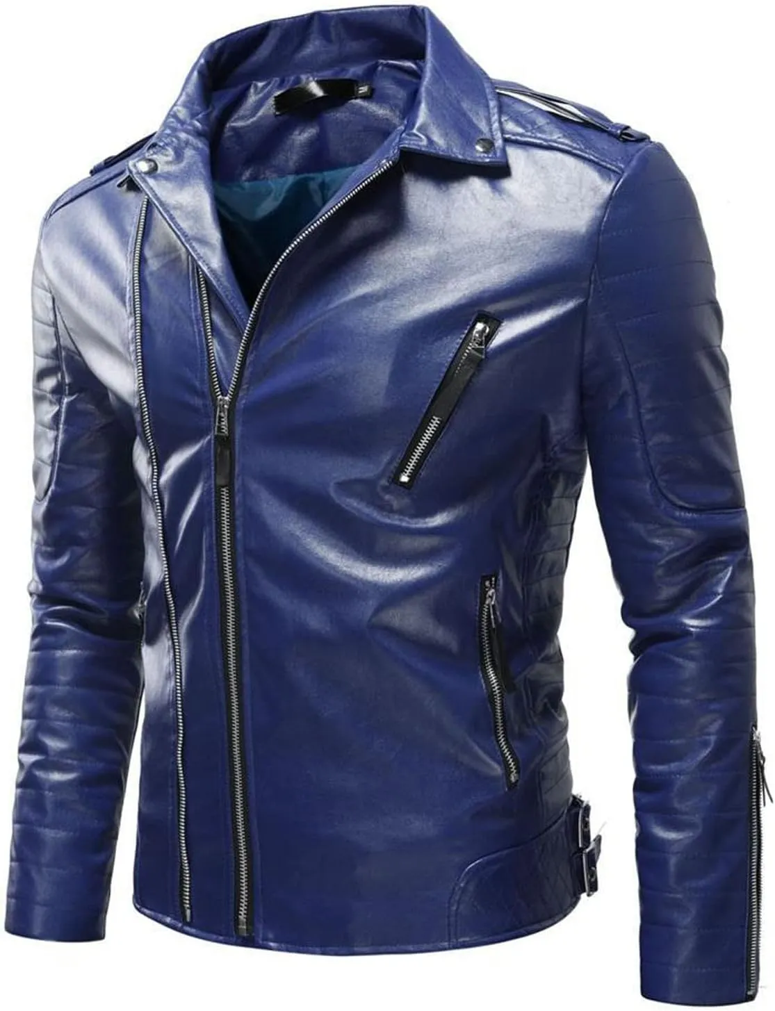 Mens Black Faux Leather Jacket Zip Up Windbreaker Fitted PU Leather Jackets Motorcycle Biker Coat with Pocket
