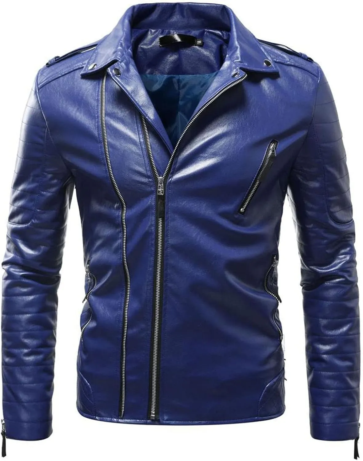 Mens Black Faux Leather Jacket Zip Up Windbreaker Fitted PU Leather Jackets Motorcycle Biker Coat with Pocket