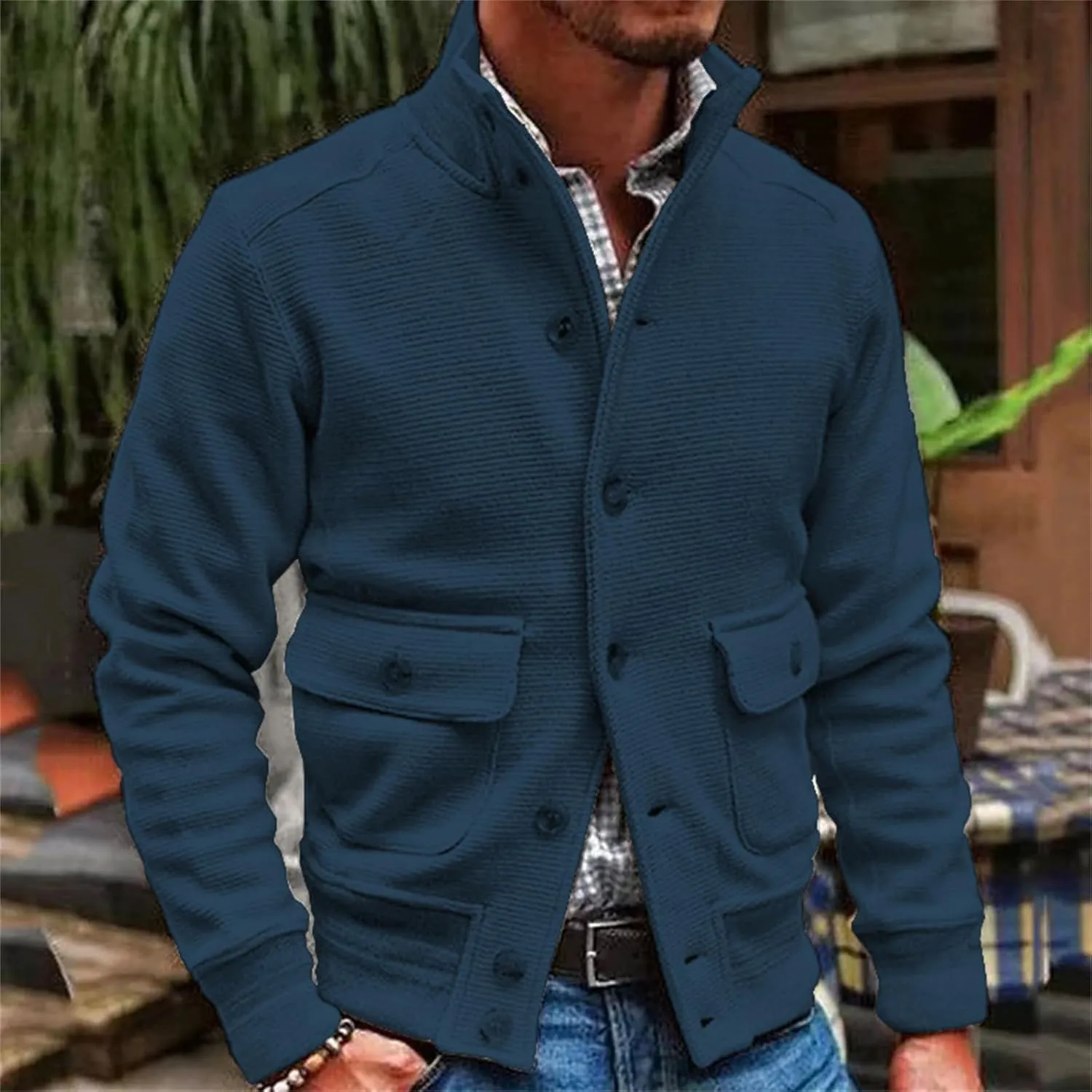 Men's Cardigan Sweater Jacket Casual Chunky Knit Stand Collar Jackets Button Down Long Sleeve Sweaters Fall Winter