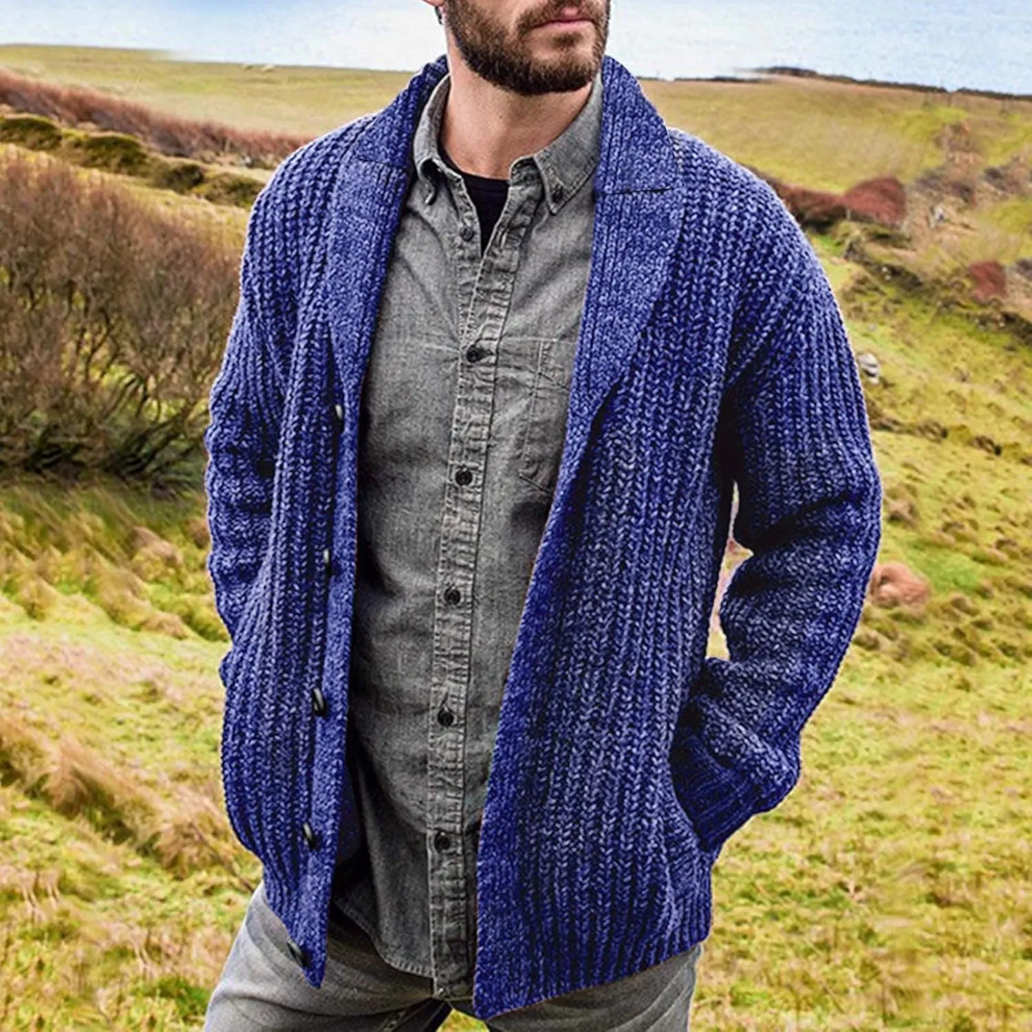 Mens Cardigan Sweater Stylish Casual Shawl Collar Cardigans Retro Cable Knitted Button Up Cardigan Sweaters