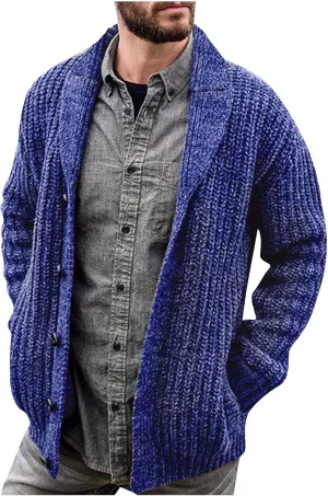 Mens Cardigan Sweater Stylish Casual Shawl Collar Cardigans Retro Cable Knitted Button Up Cardigan Sweaters