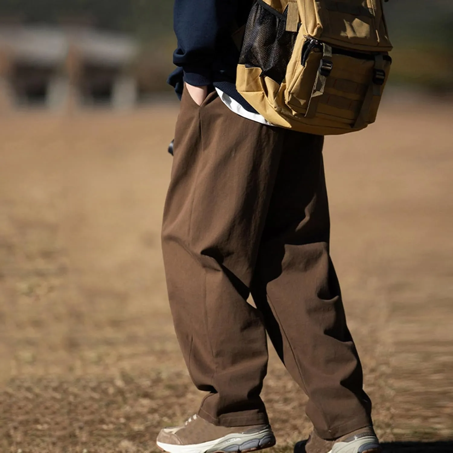 Men's Casual Cotton Pants Relaxed Fit Elastic Waist Drawstring Chino Pants Loose Fit Wide Leg Straight Trousers with Pockets