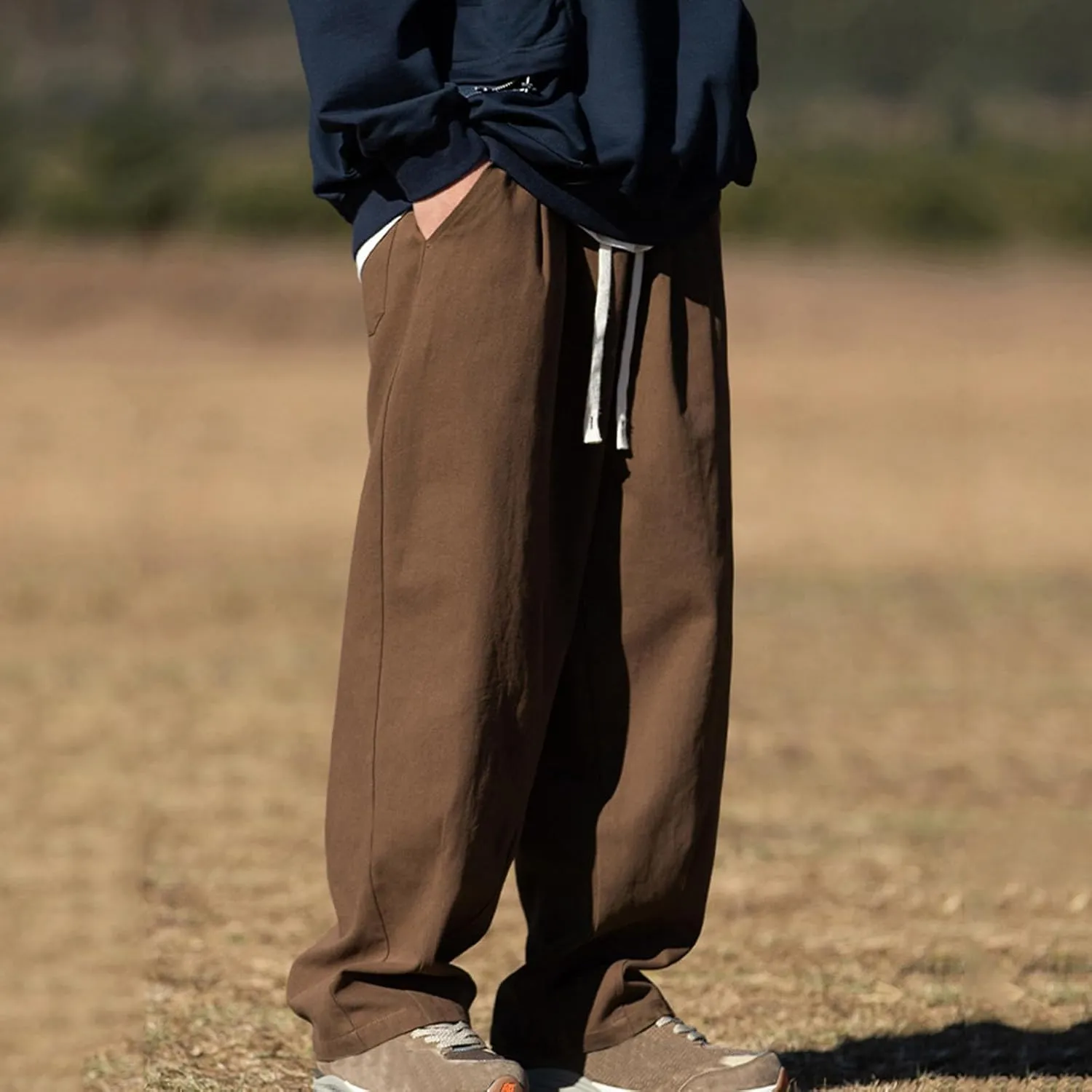 Men's Casual Cotton Pants Relaxed Fit Elastic Waist Drawstring Chino Pants Loose Fit Wide Leg Straight Trousers with Pockets