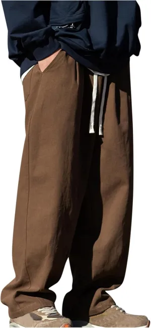 Men's Casual Cotton Pants Relaxed Fit Elastic Waist Drawstring Chino Pants Loose Fit Wide Leg Straight Trousers with Pockets