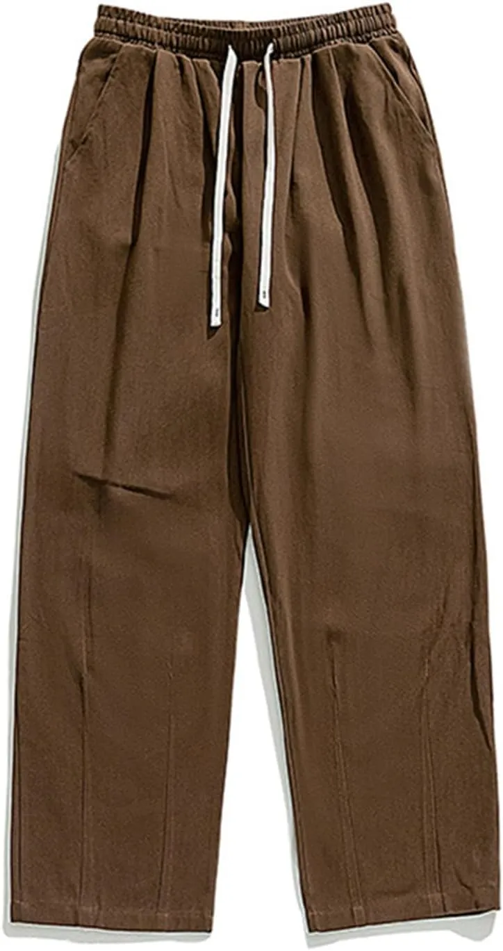 Men's Casual Cotton Pants Relaxed Fit Elastic Waist Drawstring Chino Pants Loose Fit Wide Leg Straight Trousers with Pockets