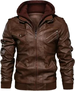 Men's Casual Motorcycle PU Jacket Classic Biker Leather Coats Hooded PU Leather Jackets