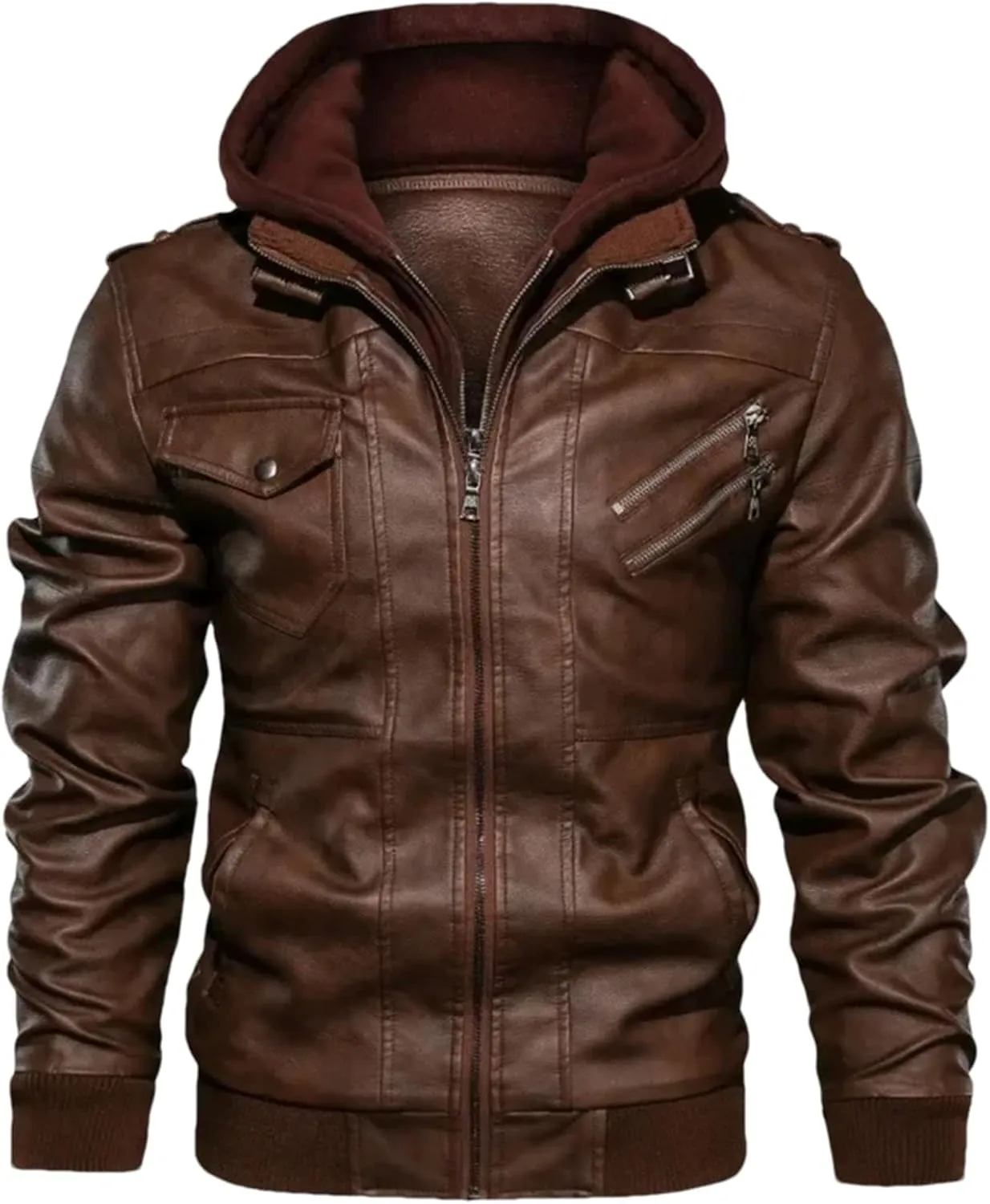 Men's Casual Motorcycle PU Jacket Classic Biker Leather Coats Hooded PU Leather Jackets