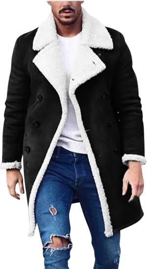 Mens Casual Sherpa Lined Jackets Winter Warm Faux Fur Suede Collar Long Trench Coats Cardigan Heavyweight Jacket