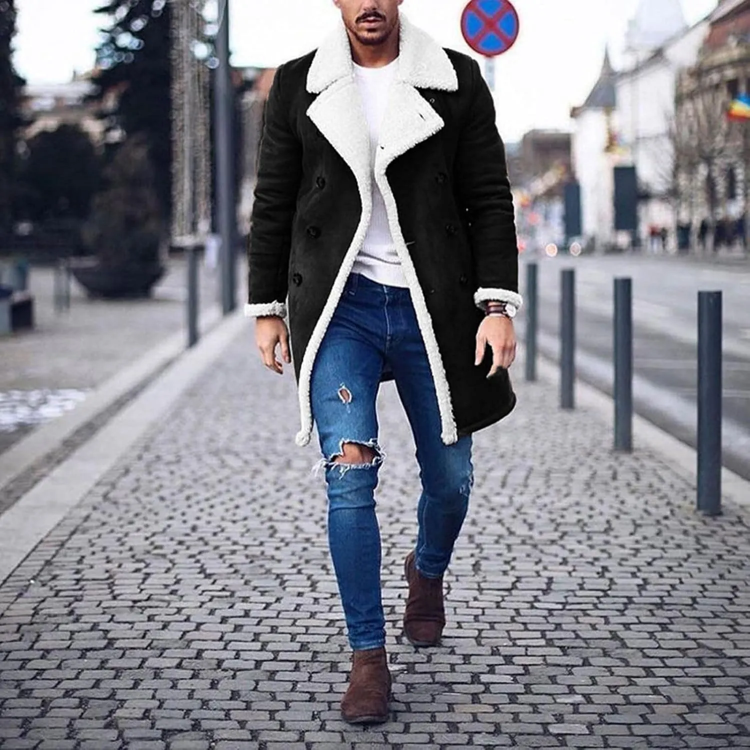 Mens Casual Sherpa Lined Jackets Winter Warm Faux Fur Suede Collar Long Trench Coats Cardigan Heavyweight Jacket