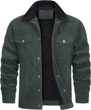 Men's Corduroy Sherpa Lined Trucker Jacket Winter Fleece Warm Coats Work Button Down Fur Collar Shirt Jacket for Men