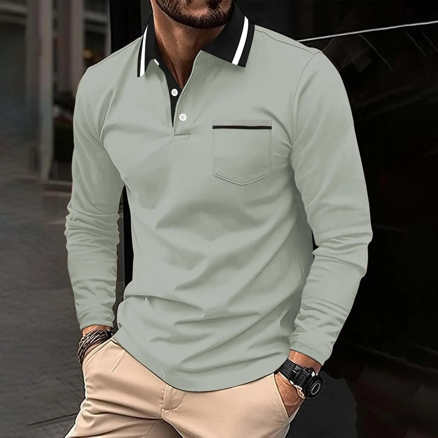Men's Cotton Jersey Long-Sleeve Polo Shirt Men's Fashion Loose Lapel Classic Polo Shirts Button Down Golf Shirts