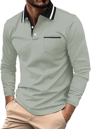 Men's Cotton Jersey Long-Sleeve Polo Shirt Men's Fashion Loose Lapel Classic Polo Shirts Button Down Golf Shirts