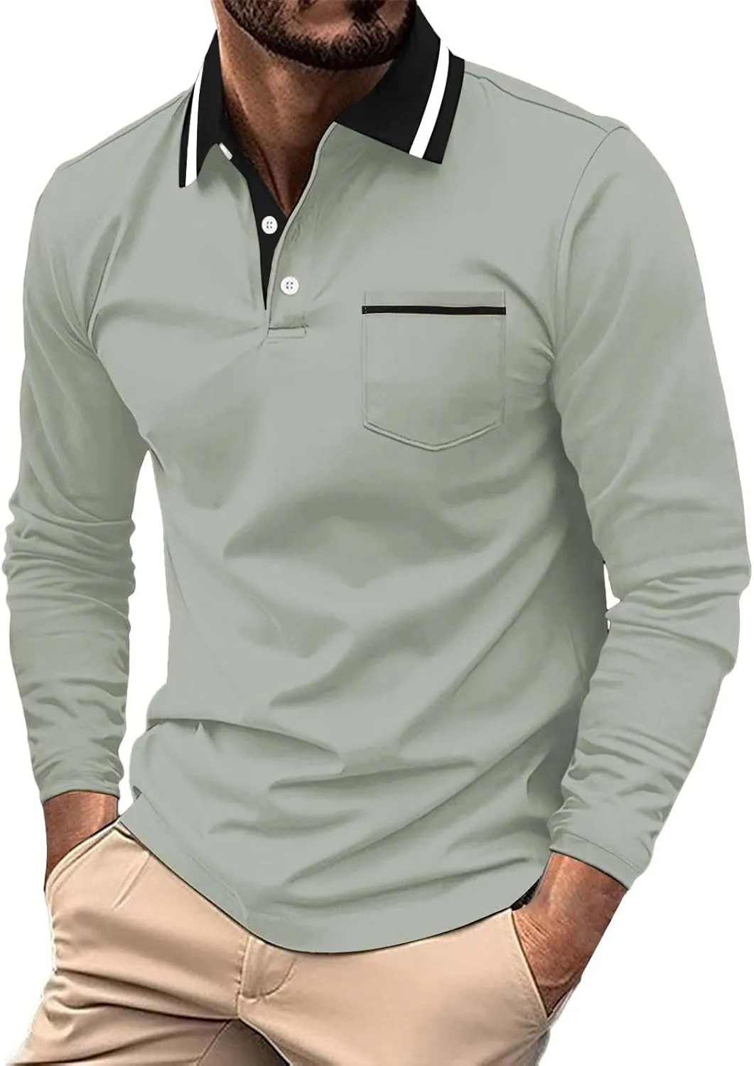 Men's Cotton Jersey Long-Sleeve Polo Shirt Men's Fashion Loose Lapel Classic Polo Shirts Button Down Golf Shirts