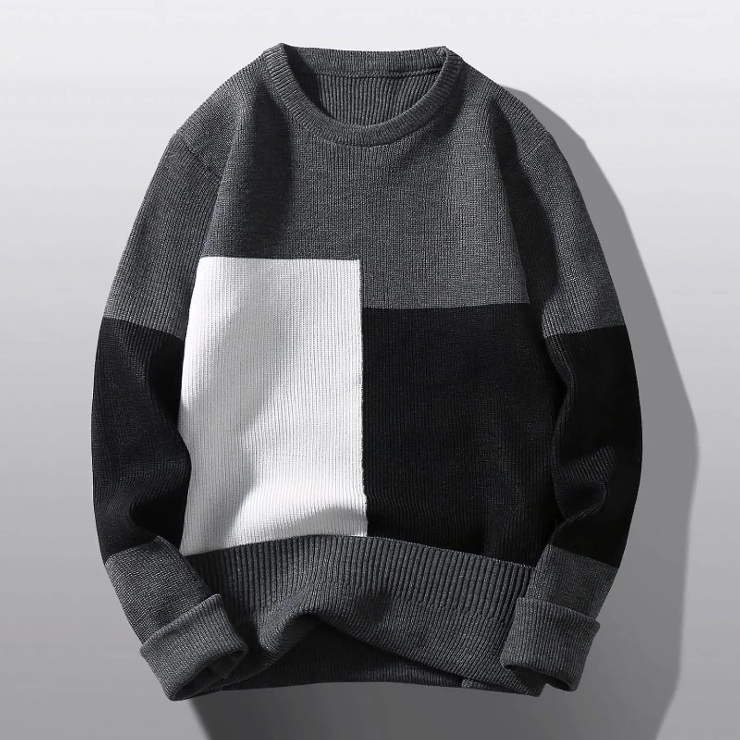 Mens Crewneck Oversized Sweaters Long Sleeve Patchwork Knit Jumper Pullover Stretchy Autumn Fashion Blouse T Shirts