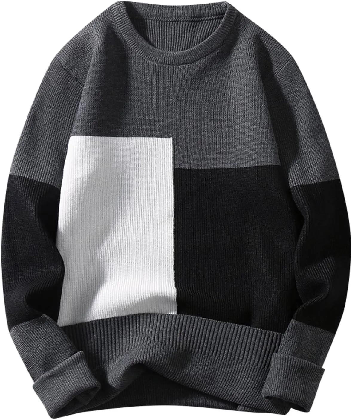 Mens Crewneck Oversized Sweaters Long Sleeve Patchwork Knit Jumper Pullover Stretchy Autumn Fashion Blouse T Shirts