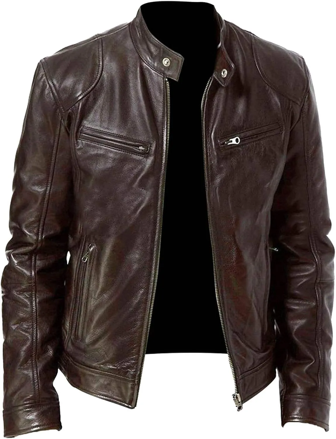 Mens Cropped Leather Jacket Motorcycle Biker Jackets Vintage Slim Fit Faux Leather Outwear Casual Lightweight