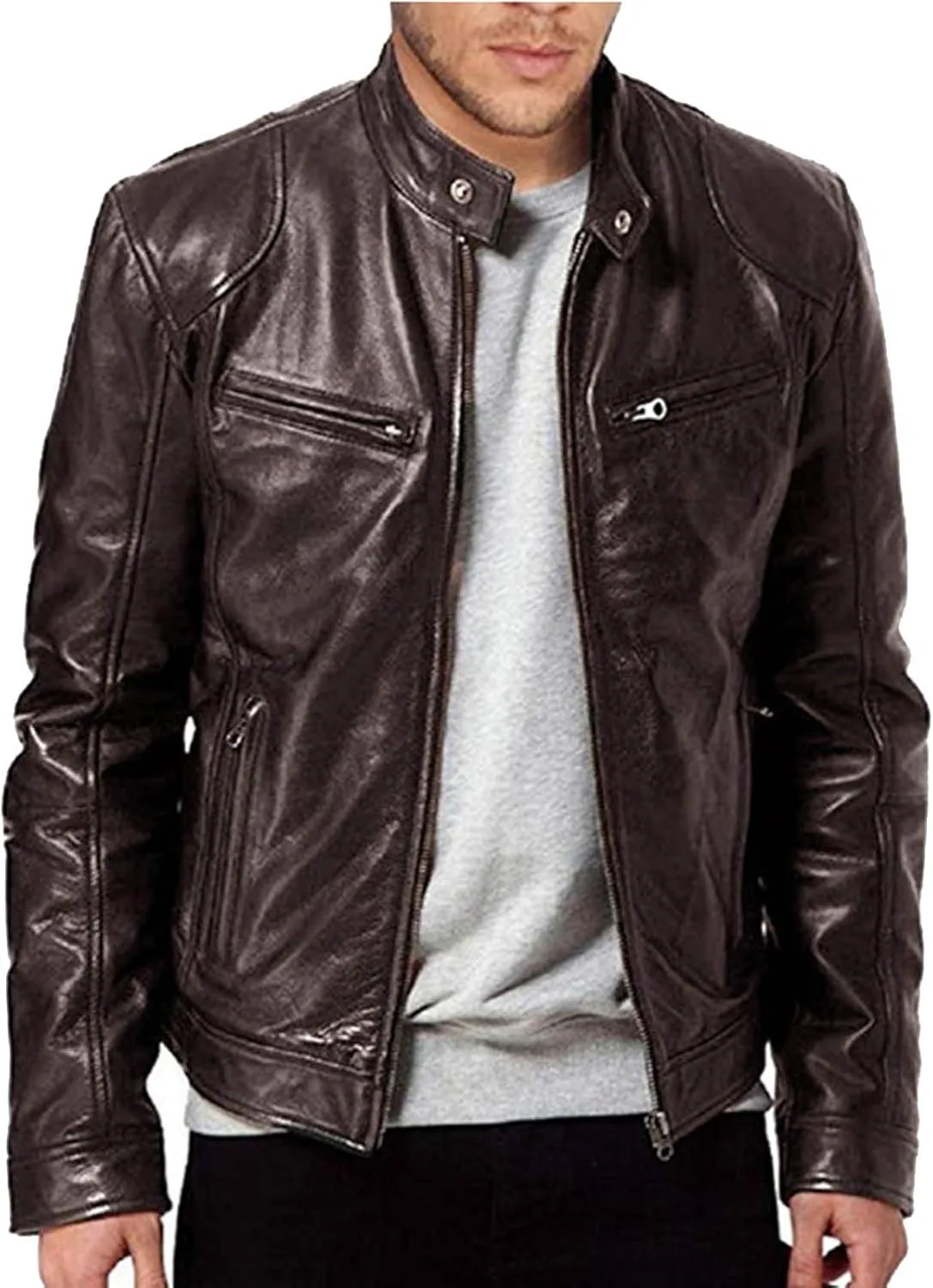 Mens Cropped Leather Jacket Motorcycle Biker Jackets Vintage Slim Fit Faux Leather Outwear Casual Lightweight