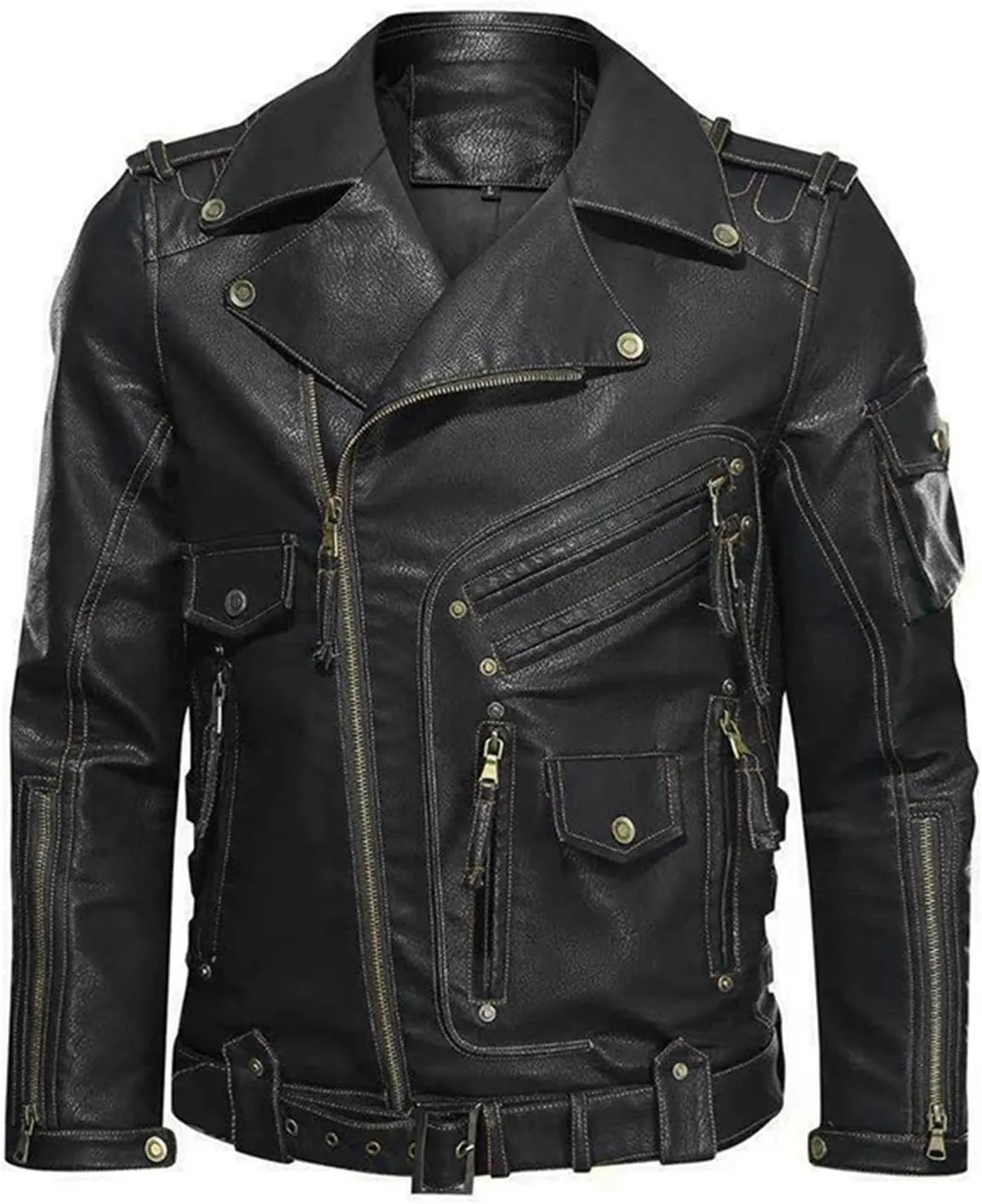 Men's Cropped PU Leather Jacket Casual Faux Leather Motorcycle Jacket Zipper Punk Biker Coat with Pockets