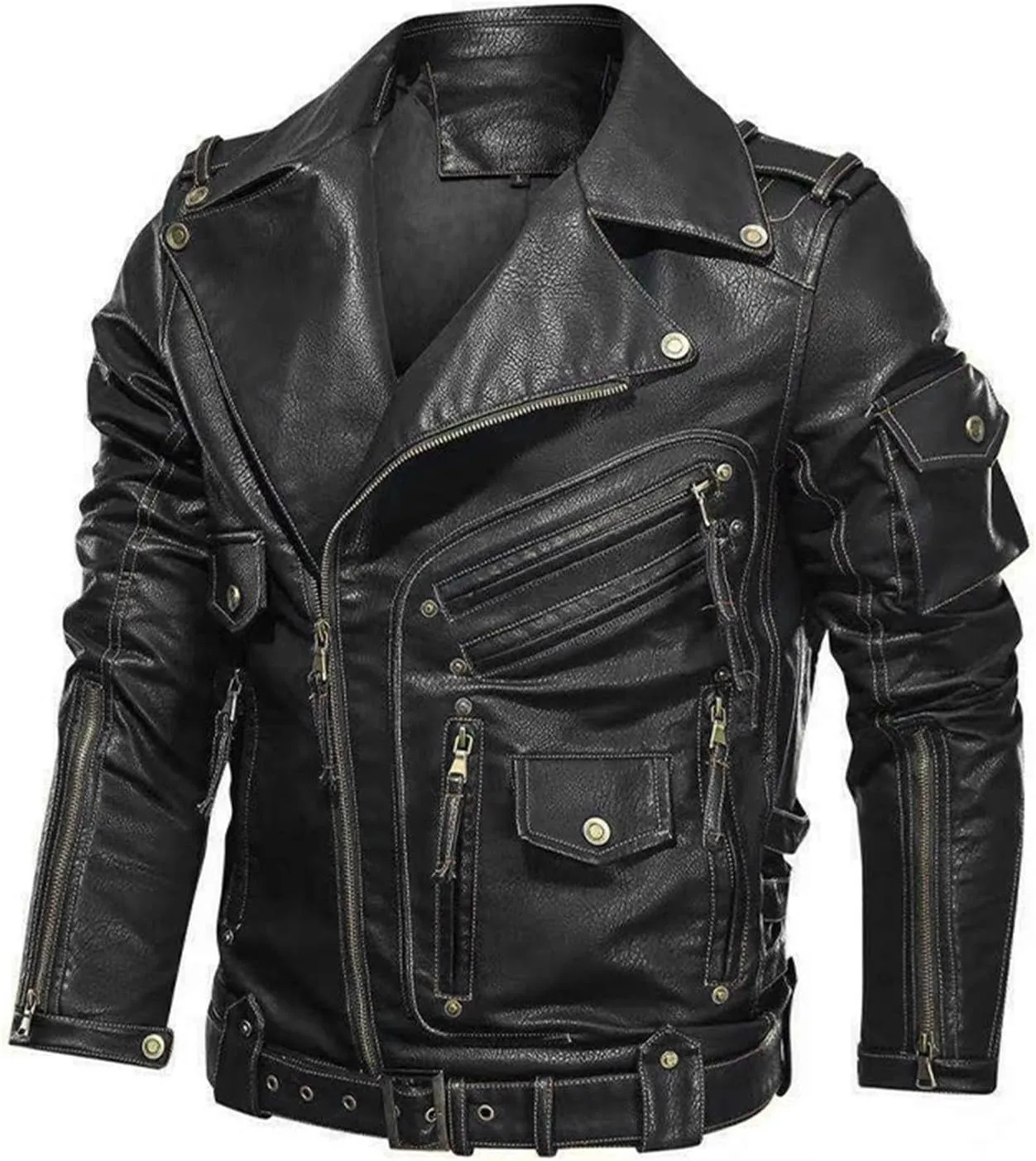 Men's Cropped PU Leather Jacket Casual Faux Leather Motorcycle Jacket Zipper Punk Biker Coat with Pockets