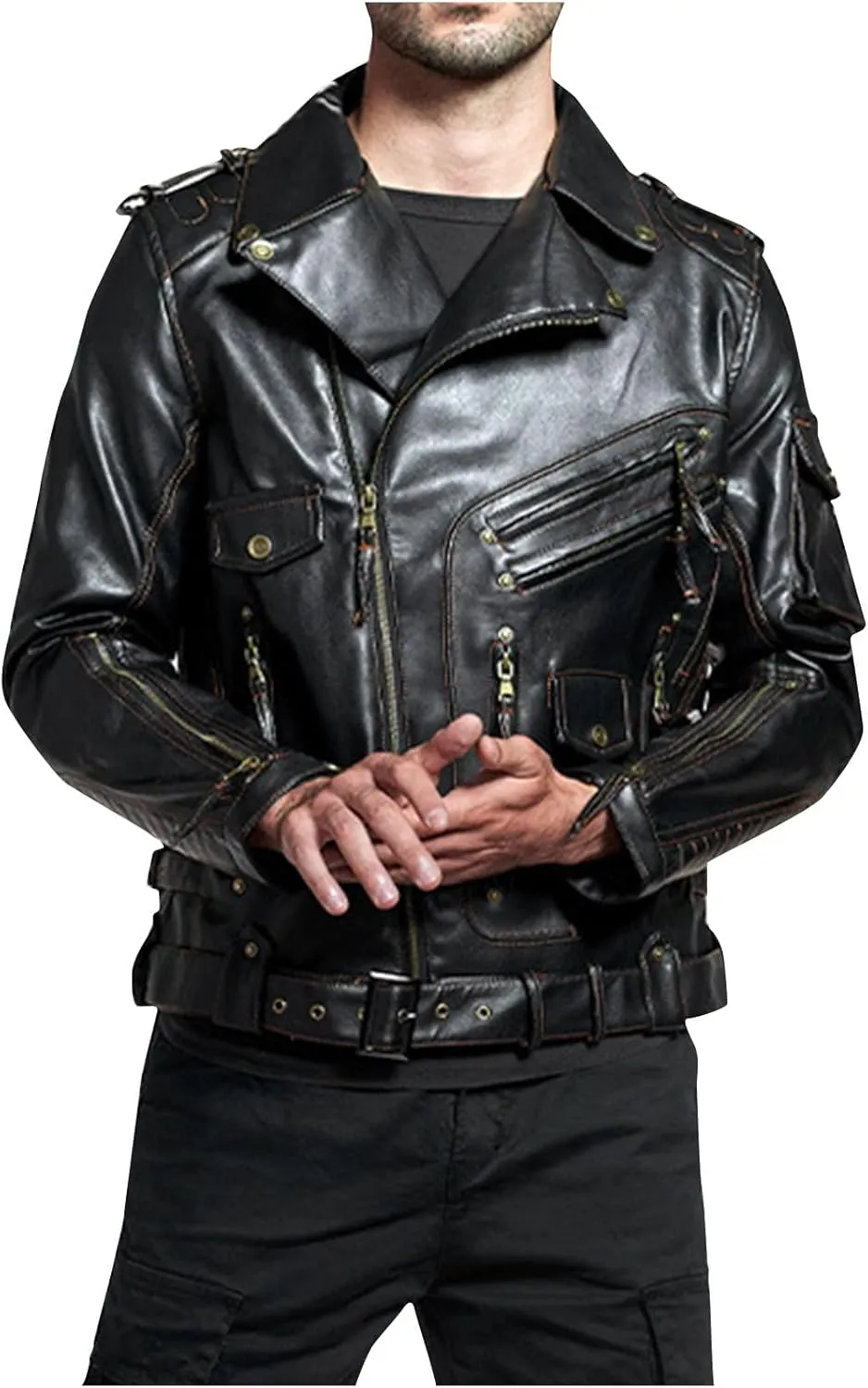 Men's Cropped PU Leather Jacket Casual Faux Leather Motorcycle Jacket Zipper Punk Biker Coat with Pockets