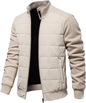 Men's Diamond Quilted Bomber Jacket Thick Fleece-Lined Varsity Coat Stand Collar Design