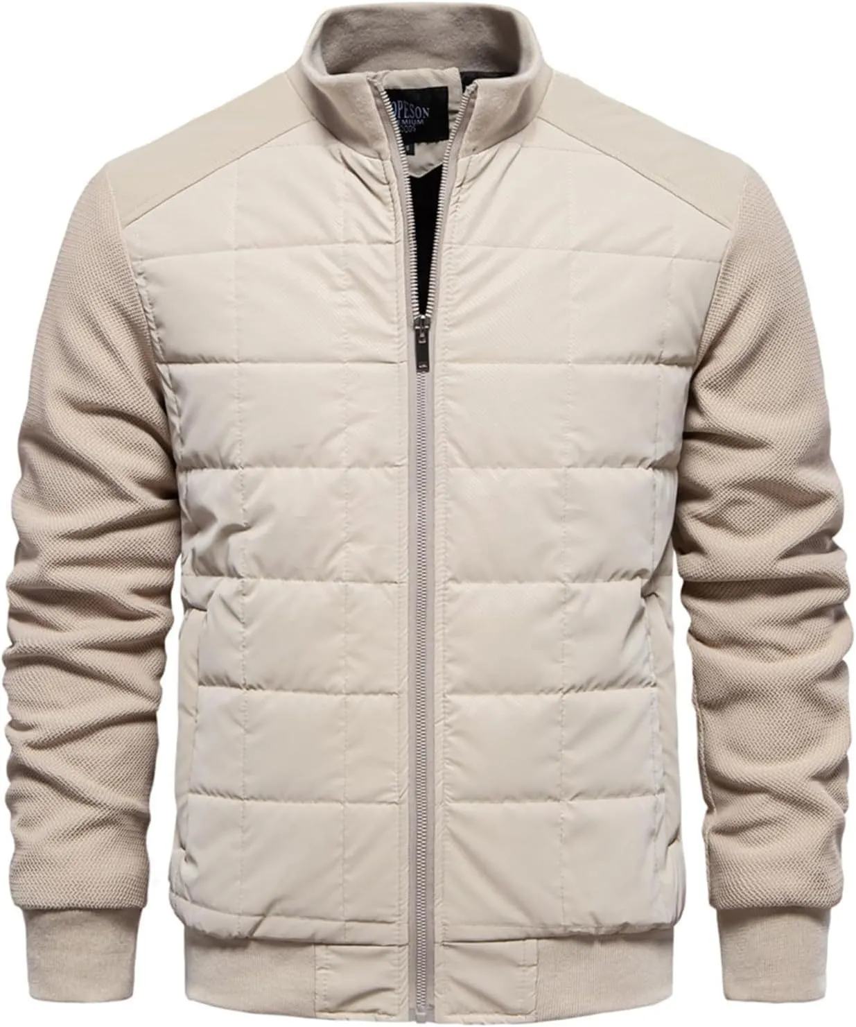 Men's Diamond Quilted Bomber Jacket Thick Fleece-Lined Varsity Coat Stand Collar Design