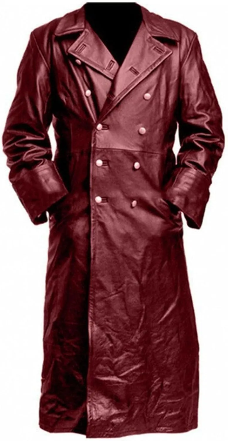 Mens Double Breasted Faux Leather Trench Coat Vintage Steampunk Overcoat German Windbreaker Long Winter Jackets