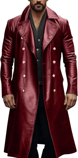 Mens Double Breasted Faux Leather Trench Coat Vintage Steampunk Overcoat German Windbreaker Long Winter Jackets