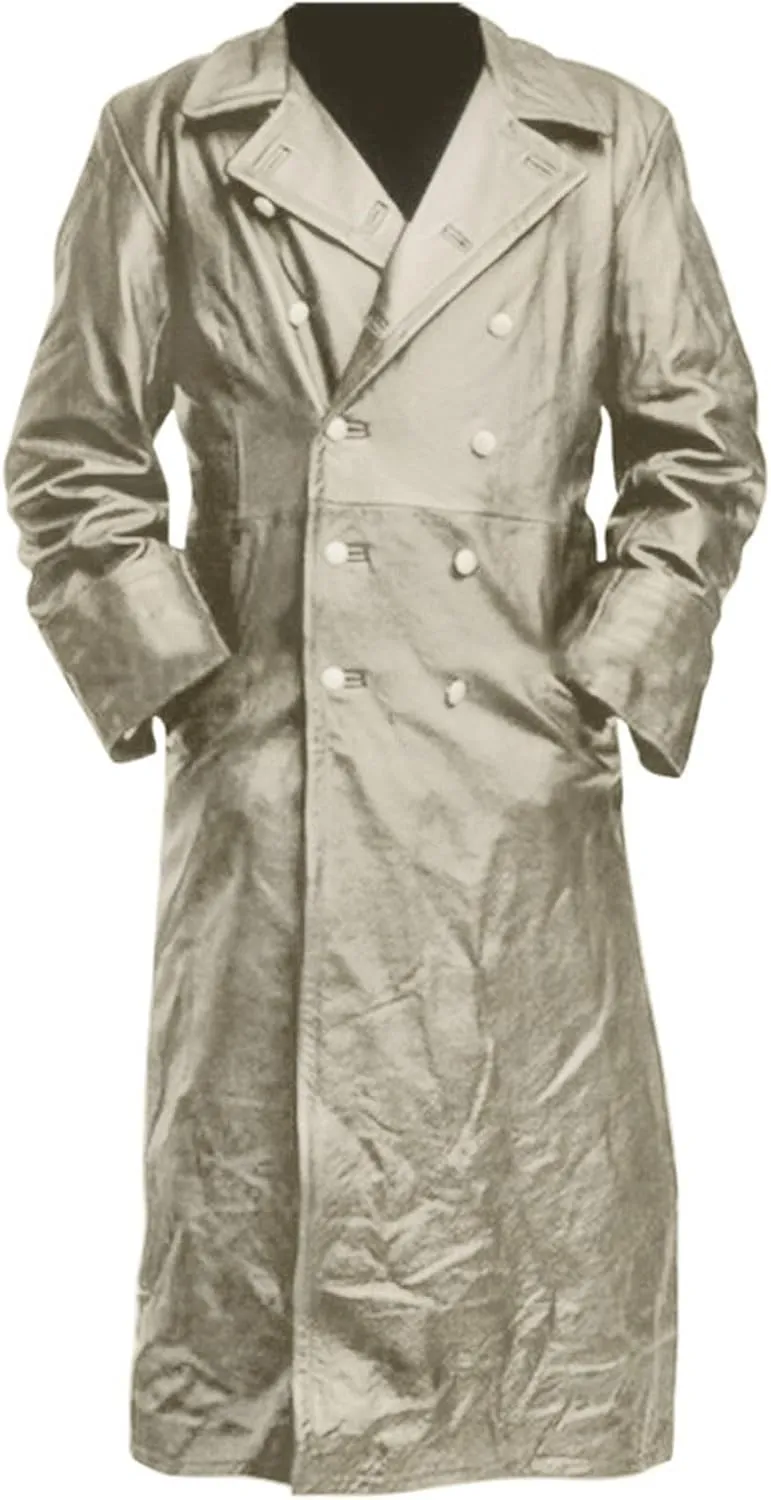 Mens Double Breasted Faux Leather Trench Coat Vintage Steampunk Overcoat German Windbreaker Long Winter Jackets