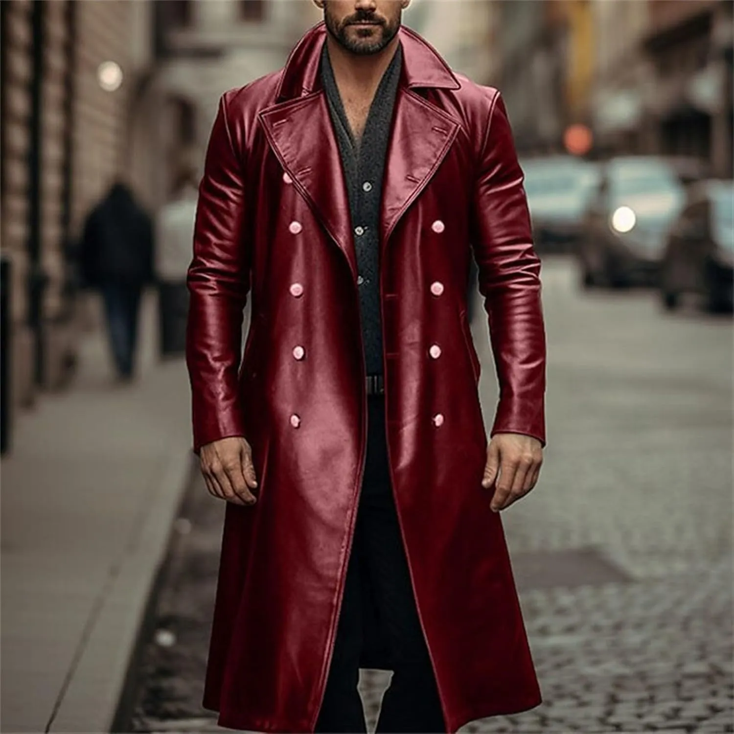 Mens Double Breasted Faux Leather Trench Coat Vintage Steampunk Overcoat German Windbreaker Long Winter Jackets