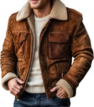 Men's Faux Leather Aviator Bomber Jacket Plush Reversed Collar Mens Outdoor Jacket Fleece Coat with Shearling Lining