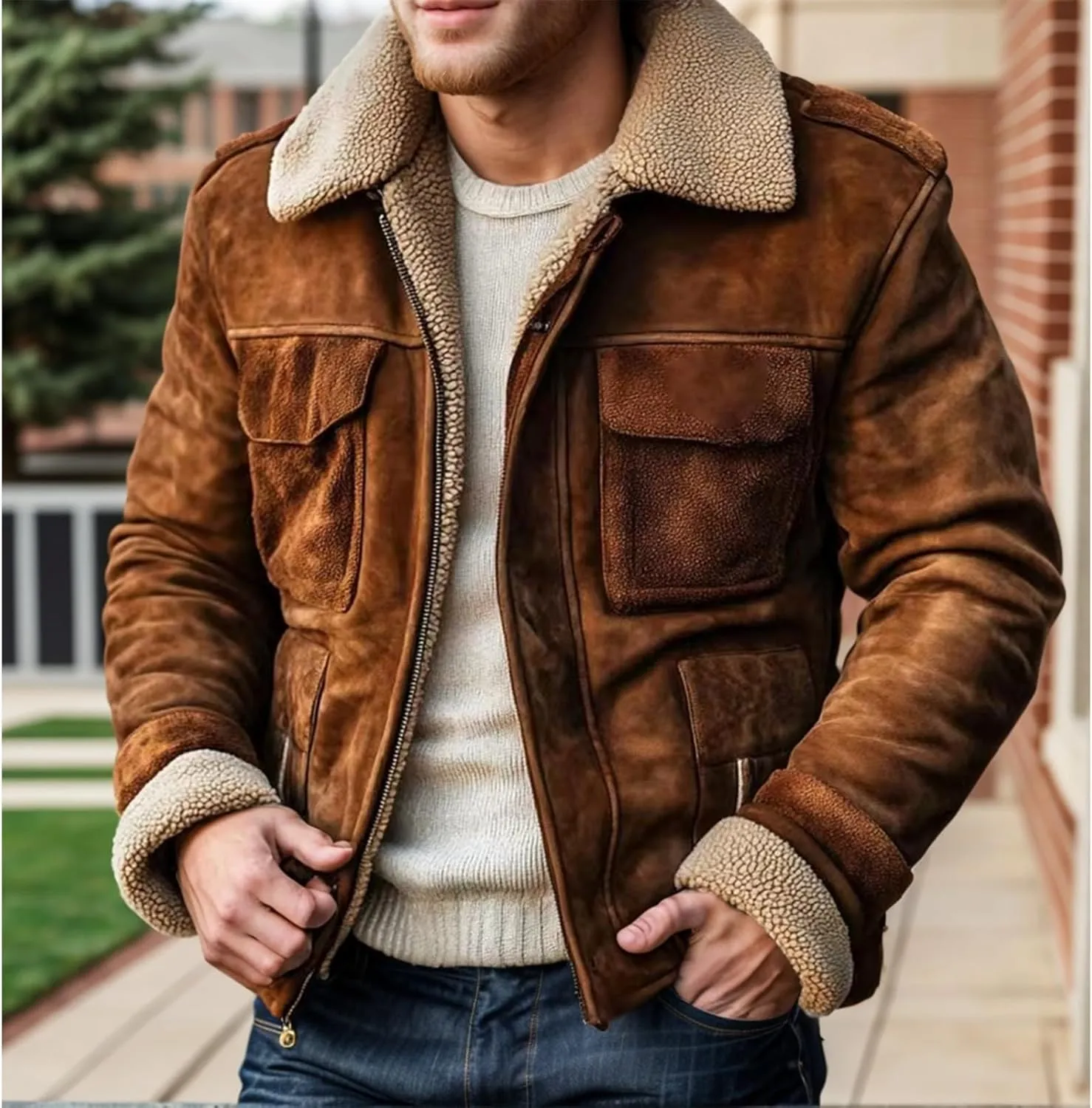 Men's Faux Leather Aviator Bomber Jacket Plush Reversed Collar Mens Outdoor Jacket Fleece Coat with Shearling Lining