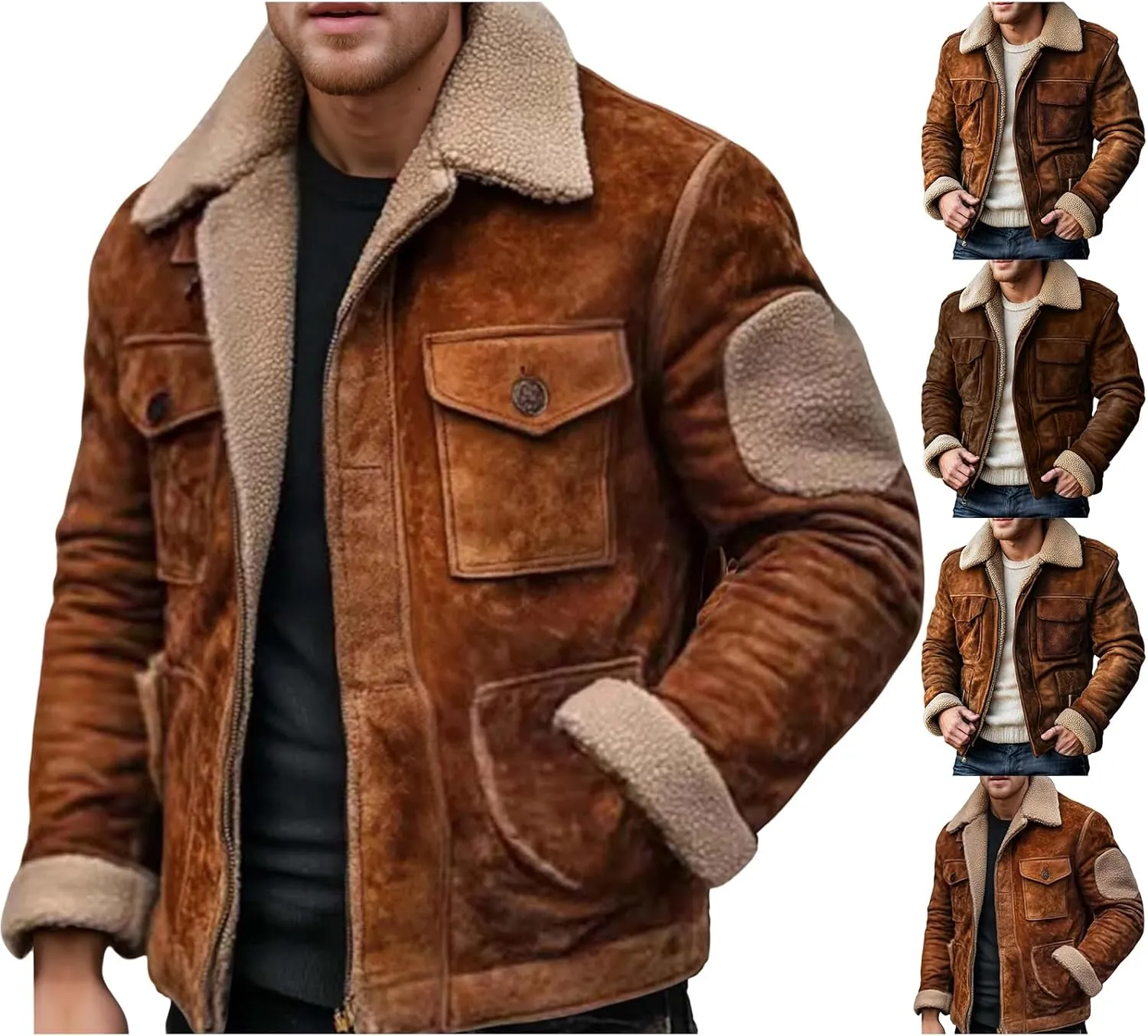 Men's Faux Leather Aviator Bomber Jacket Plush Reversed Collar Mens Outdoor Jacket Fleece Coat with Shearling Lining