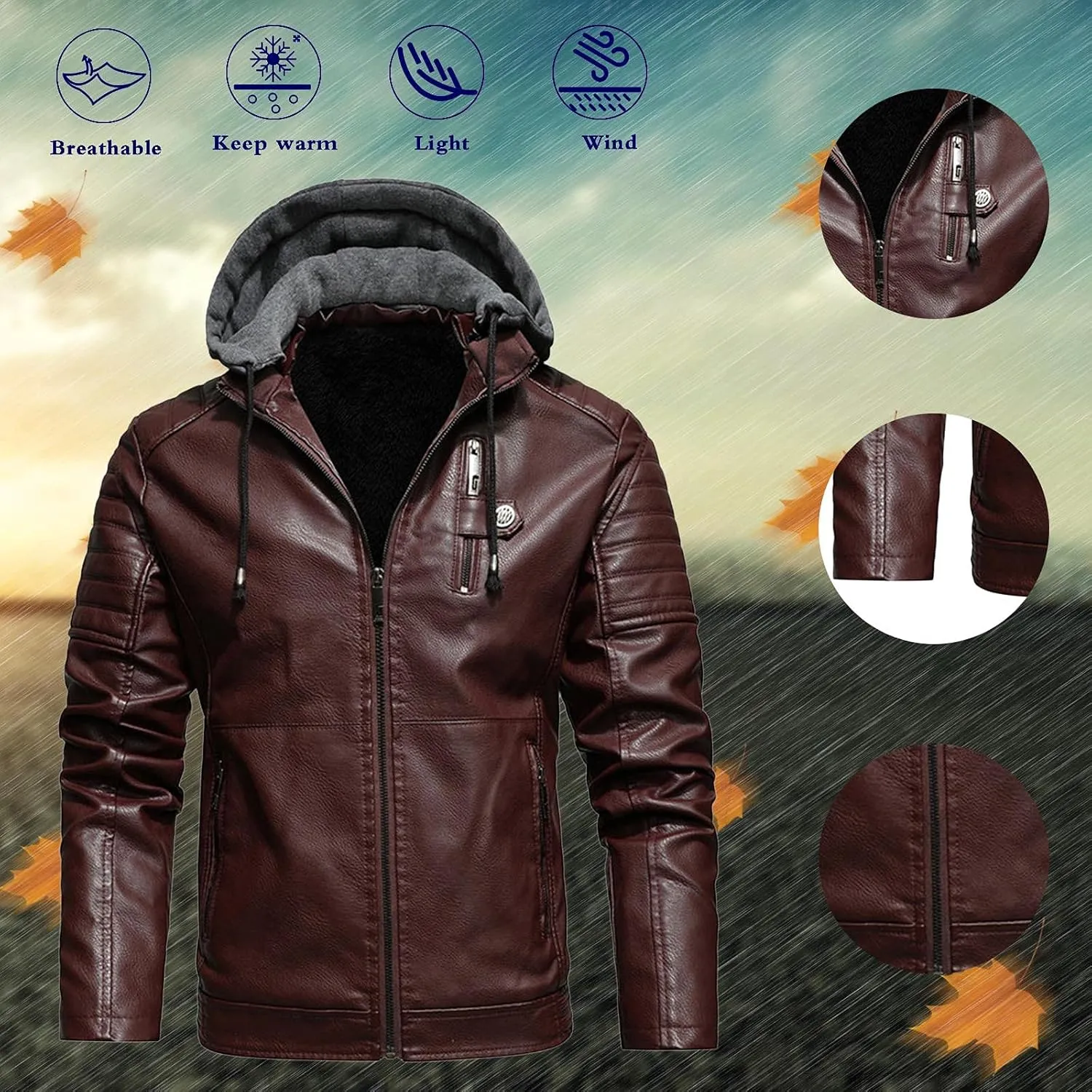 Mens Faux Leather Hooded Racer Jacket Leather Moto Jacket Fall Winter Leather Jackets Vintage Casual Motorcycle Coat
