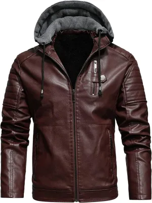 Mens Faux Leather Hooded Racer Jacket Leather Moto Jacket Fall Winter Leather Jackets Vintage Casual Motorcycle Coat