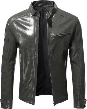 Men's Faux Leather Jackets Stand Collar PU Leather Motorcycle Zipper Coat Biker Windbreaker with Multiple Pockets
