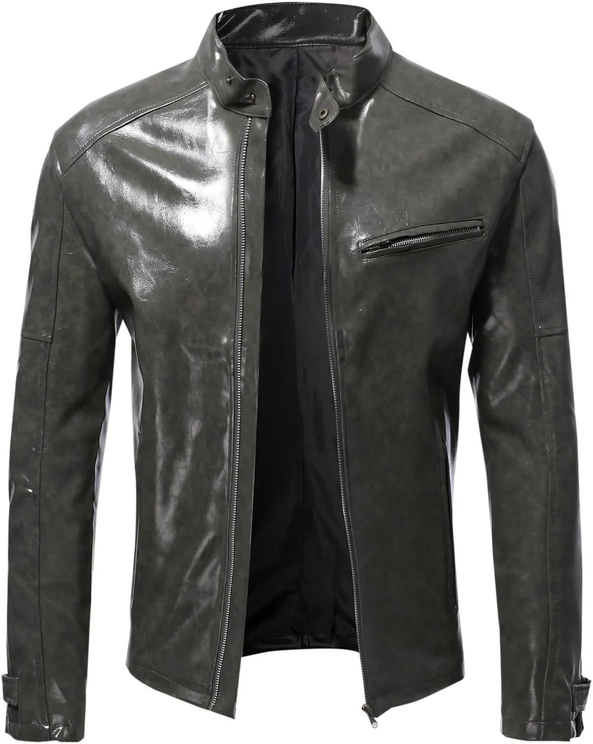 Men's Faux Leather Jackets Stand Collar PU Leather Motorcycle Zipper Coat Biker Windbreaker with Multiple Pockets