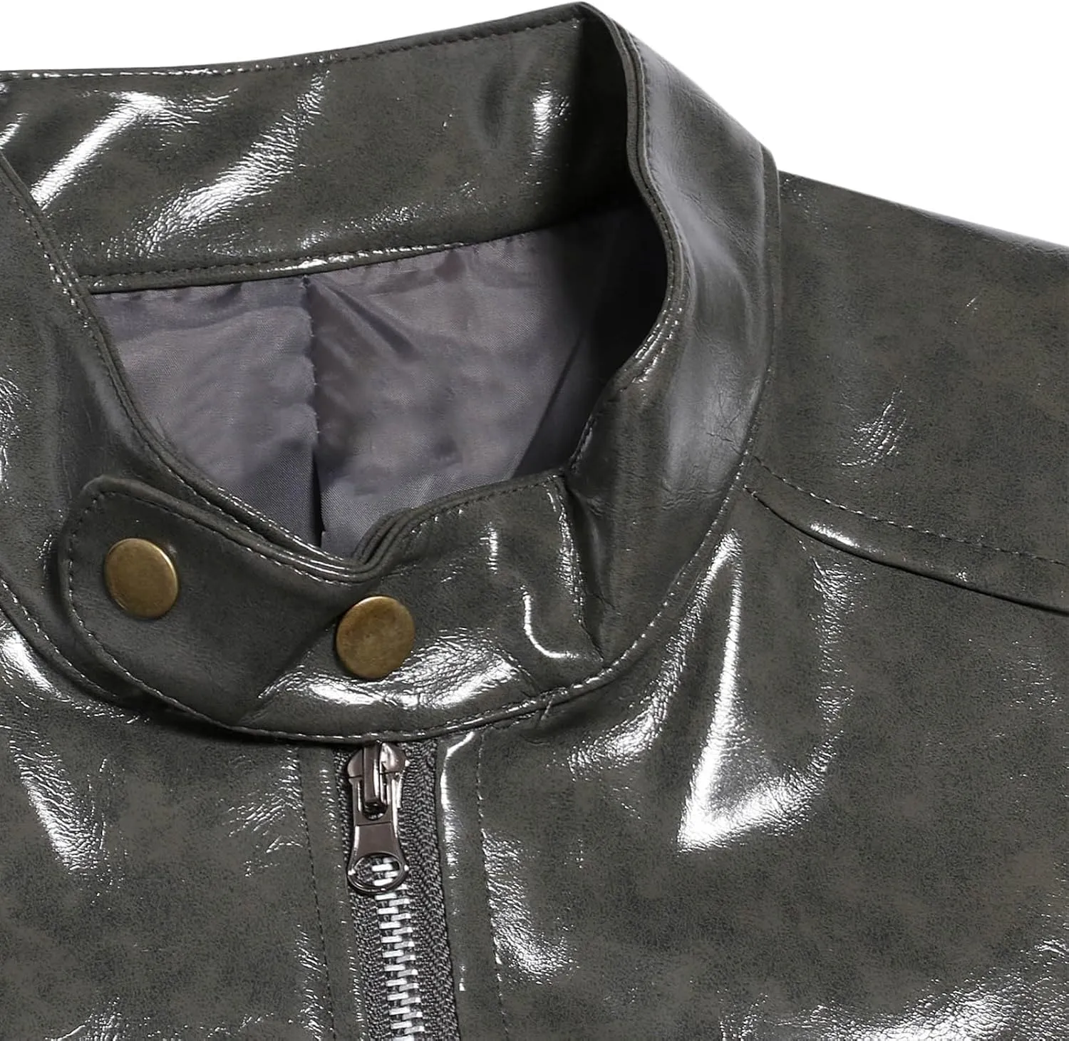 Men's Faux Leather Jackets Stand Collar PU Leather Motorcycle Zipper Coat Biker Windbreaker with Multiple Pockets