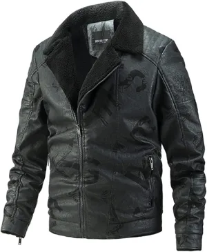 Men's Faux Leather Sherpa Bomber Jacket Lapel Zip-Up Fleece Lined Leather Motorcycle Jackets Casual Warm Winter Coats