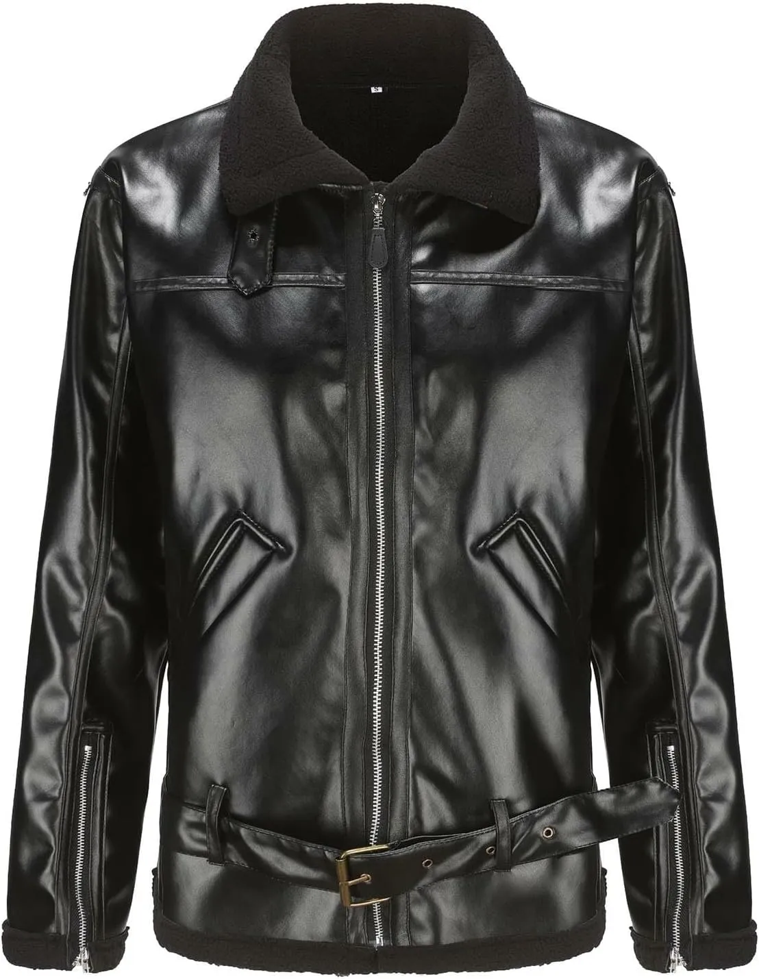 Mens Faux Leather Sherpa Lined Jacket Heavyweight Zip Up Motorcycle Bomber Jackets with Belt Winter Shearling Coats