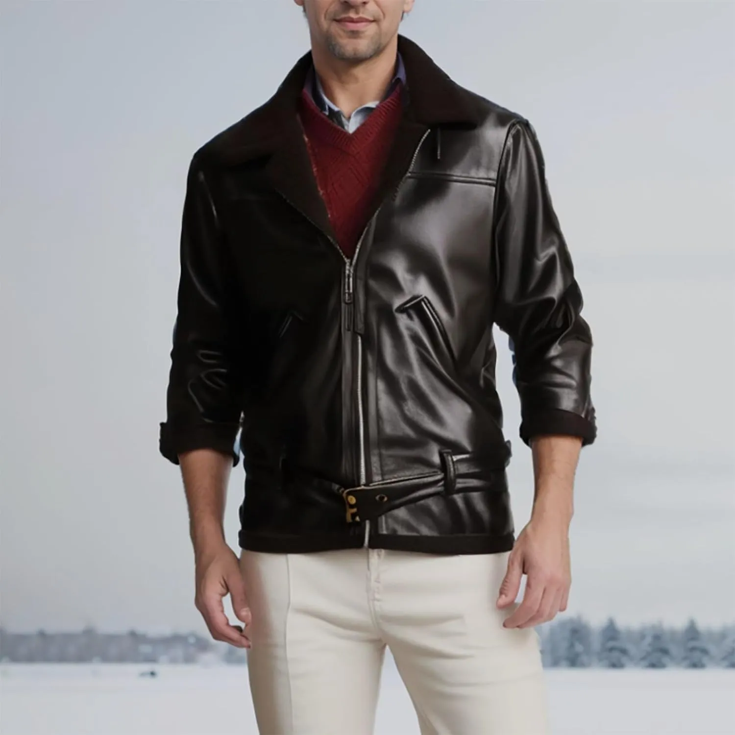 Mens Faux Leather Sherpa Lined Jacket Heavyweight Zip Up Motorcycle Bomber Jackets with Belt Winter Shearling Coats