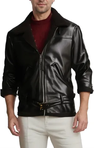 Mens Faux Leather Sherpa Lined Jacket Heavyweight Zip Up Motorcycle Bomber Jackets with Belt Winter Shearling Coats