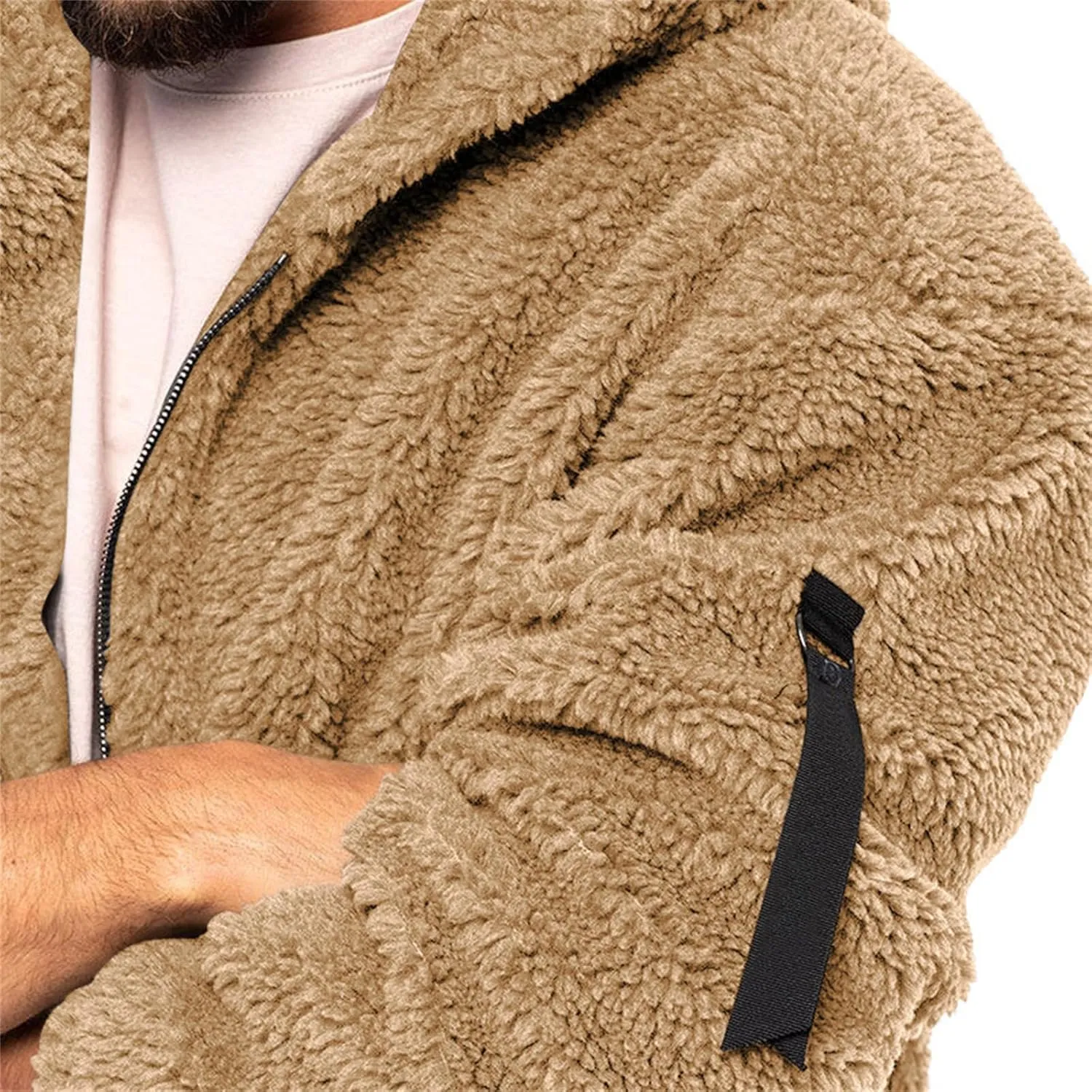 Mens Fleece Hooded Jackets Lapel Long Sleeves Zip up Coats Casual Plain Sweaters Loose Warm Fall Winter New Tops